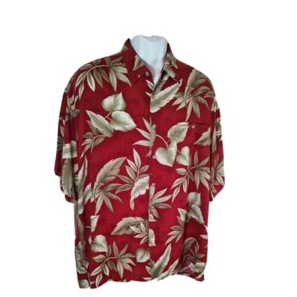 PIERRE CARDIN Mens XL Hawaiian Aloha Button-up shirt 1 Pocket Red / Brown - Picture 2 of 11